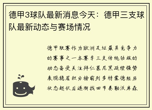 德甲3球队最新消息今天：德甲三支球队最新动态与赛场情况